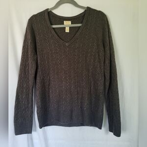 Bass L Womans V Neck Gray Cable Knit Sweater